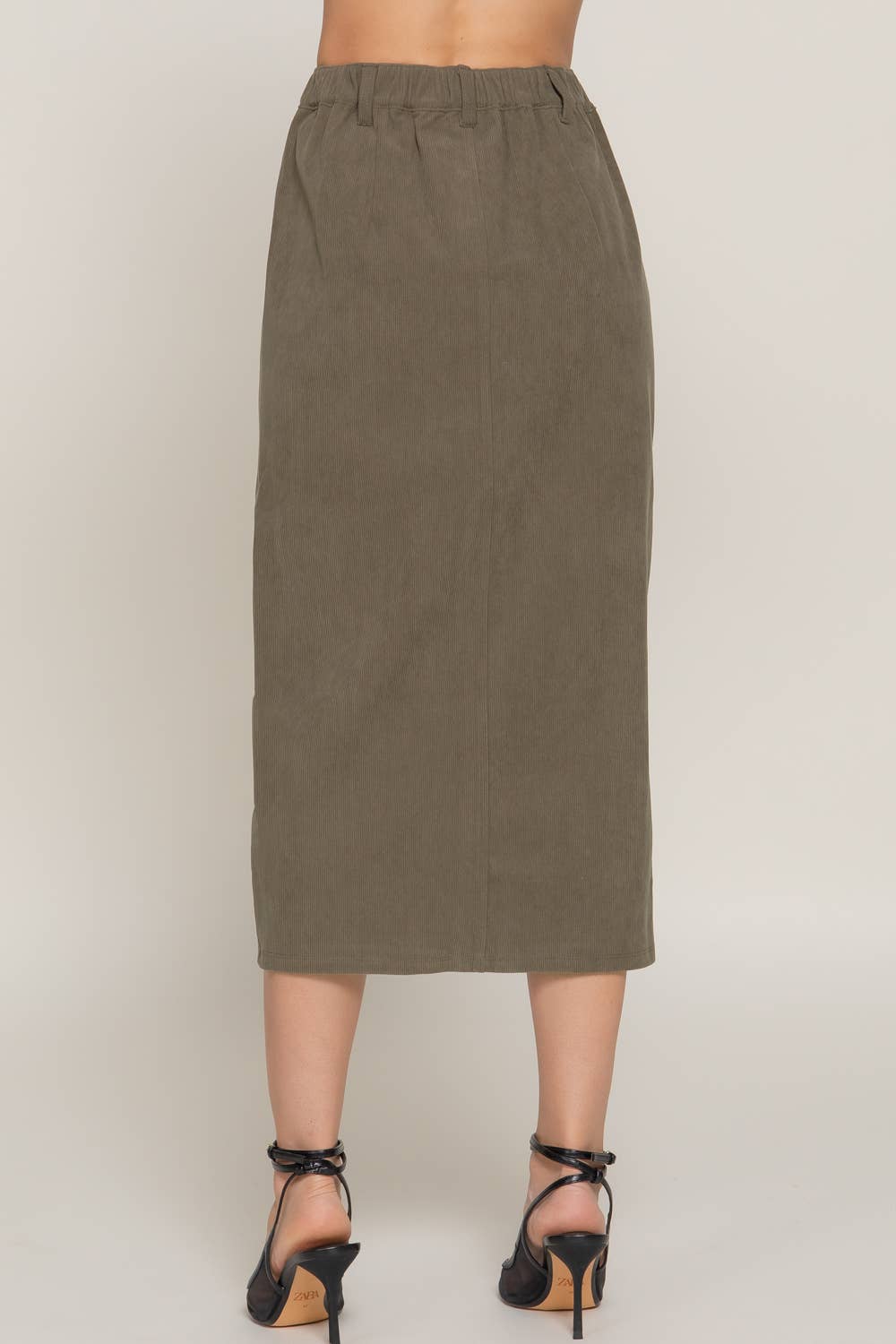 Active Basic | Active USA - Wholesale Skirt - Women's - Waist Band Front Open Slit Corduroy Midi Skirt9