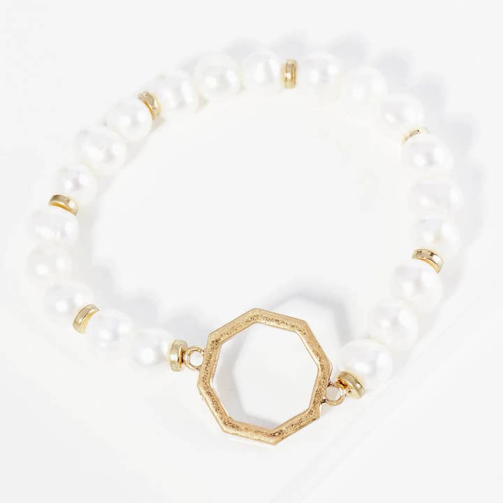 Cream Worn Gold Freshwater Pearl Stretch Bracelet With Metal Octagon Accent for wholesale on Faire