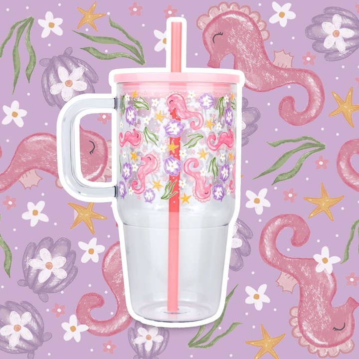 Sip-Sip Hooray! - Wholesale Drinking glass/cup – Kids & Baby - Pink Seahorses & Sea Flowers 20oz Kids Tumbler with Handle, Lid & Straw1
