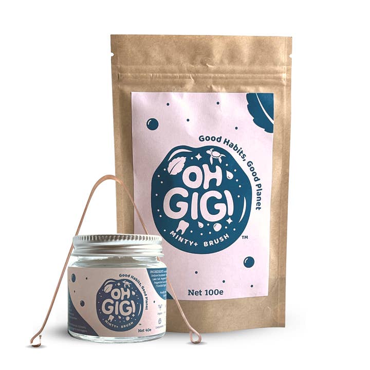 Ultimate Organic Tooth Powder 'Minty+ Brush' Jar & Refill with a Pure Copper Tongue Cleaner Oral Detox Kit for wholesale by OHGIGI®️