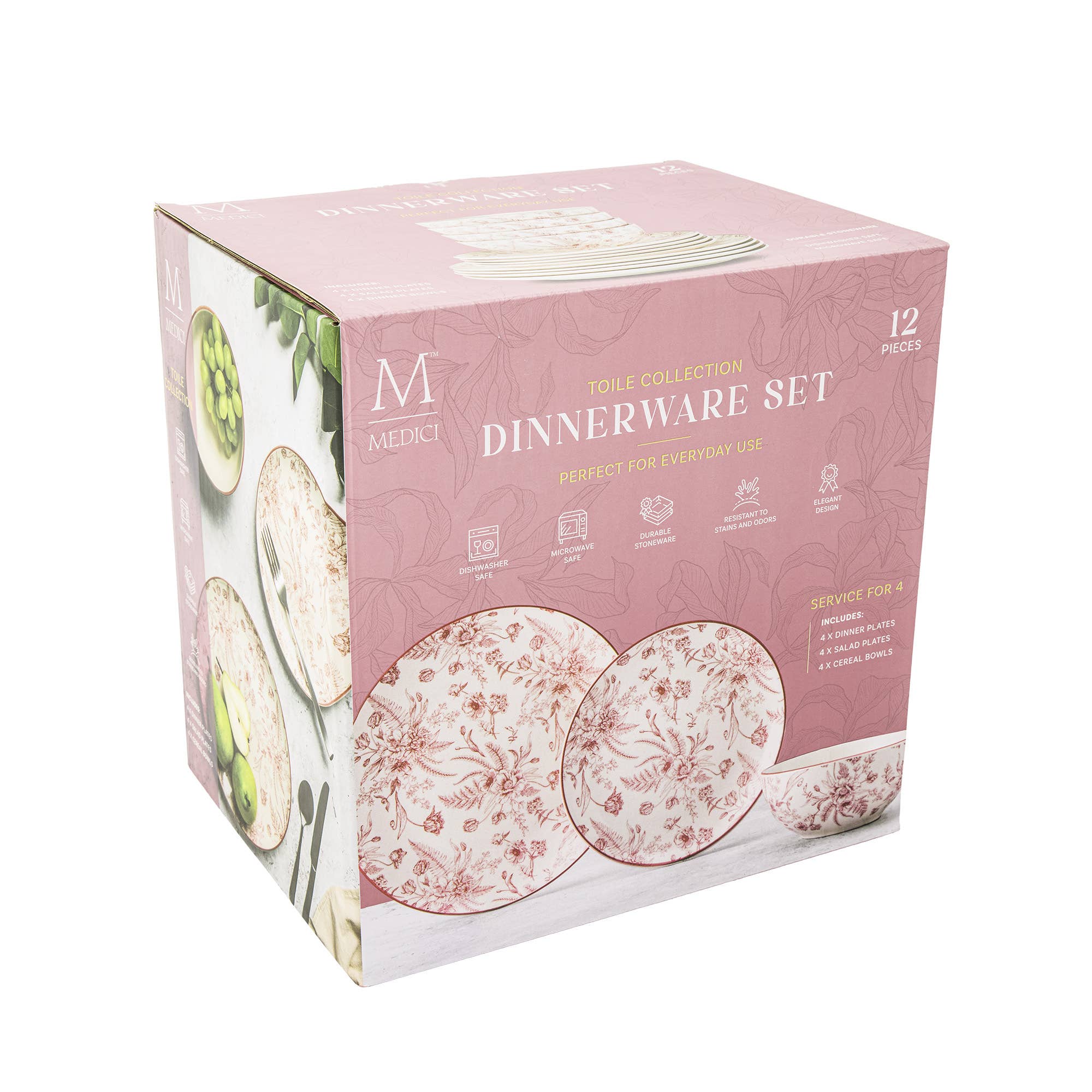 Core Home - Wholesale Dinnerware Set - 12pc Toile Dinnerware Set - Vintage Pink2