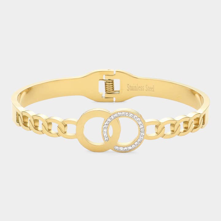 Stone Paved Stainless Steel Double O Hinged Bangle Bracelet for wholesale by Sensibling Corp.