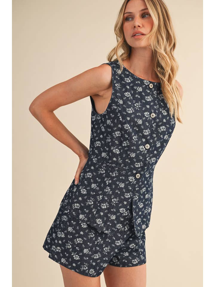 Klesis - Wholesale Top & Short Set (NOT Loungewear) - Women's - IST5874-C FLORAL PRINT BUTTON DOWN DENIM VEST AND SHORTS SET3