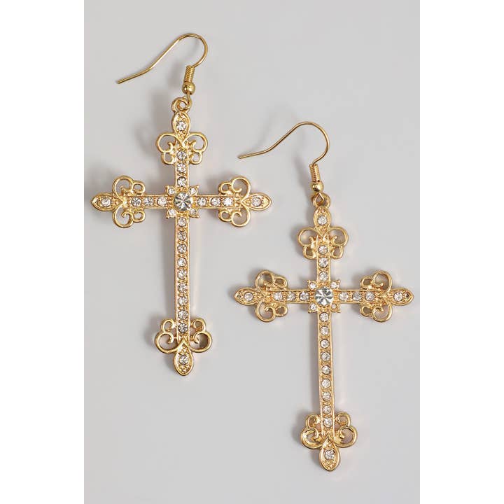 FILIGREE CROSS DROP EARRINGS WITH CZ PAVE for wholesale by Girly