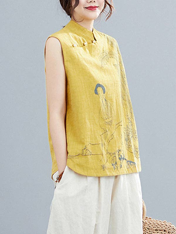 Sheer Trend - Wholesale Blouse - Women's - Artistic Retro Chinese-Style Printed Buttoned Stand Collar Sleeveless T-Shirt