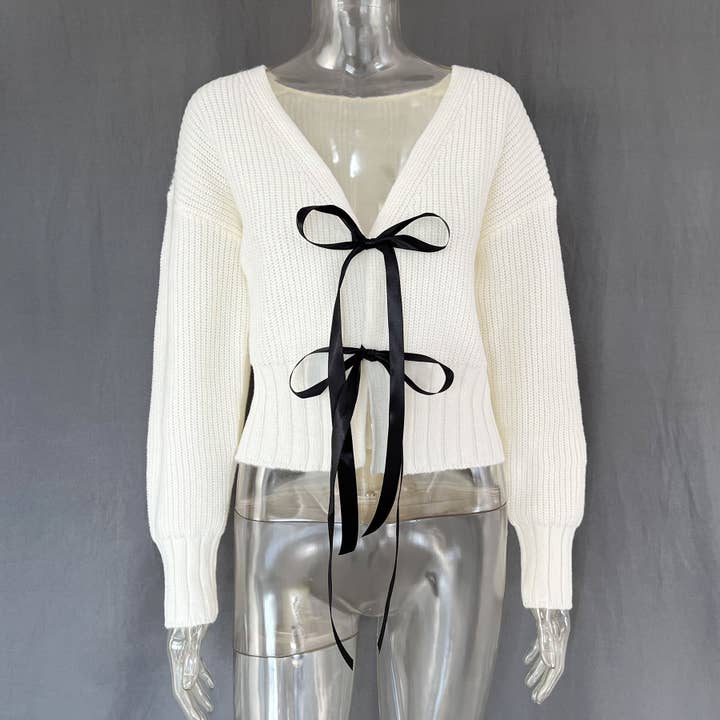 Rosa Clothing - Vente Cardigan – femme - Cardigan en tricot uni avec nœud papillon sur le devant1