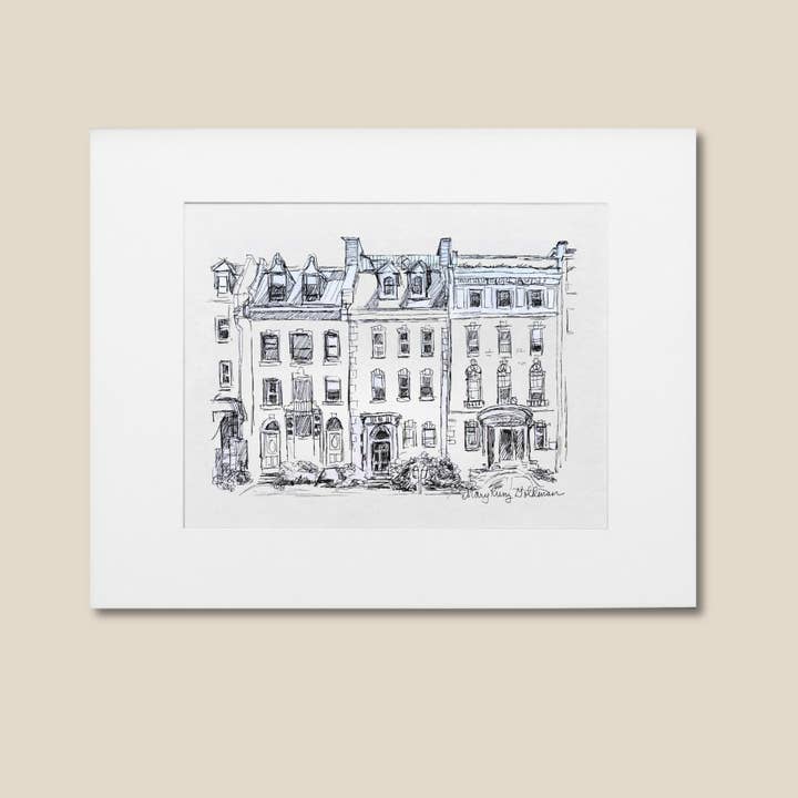 Brownstone Wall Art: Hand-Drawn Black & White City Art Print for wholesale by Mary Kunz Goldman