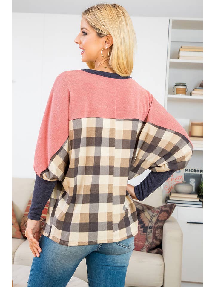 You & Me - Wholesale Blouse - Women's - SALE!!! PPT21075-DOLMAN SLEEVE SOLID CONTRAST PLAID TOP8