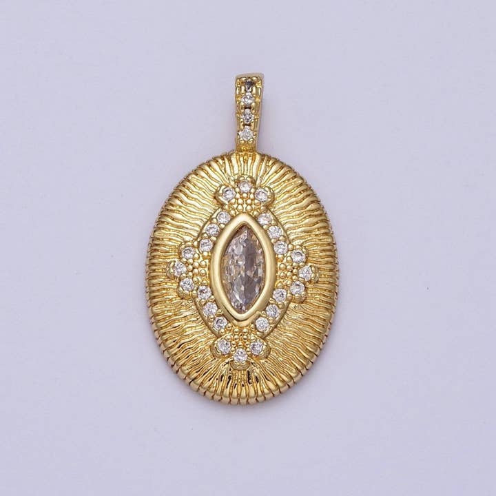 Aim Eternal - Wholesale Individual Charm/Pendant - Green, Clear Marquise Line Textured Oval Micro Paved Gold Pendant H-911 H-9351