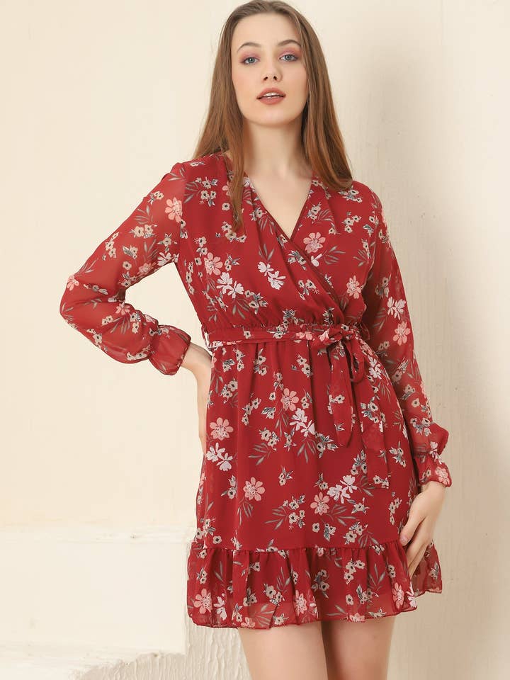 Lasofy - Wholesale Dress - Women's - Floral Print Lantern Sleeve Red Dress1