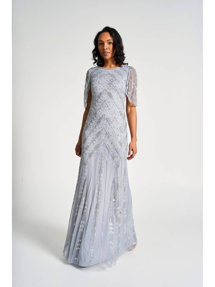 Titania Cloud Blue Embellished Maxi Dress for wholesale on Faire