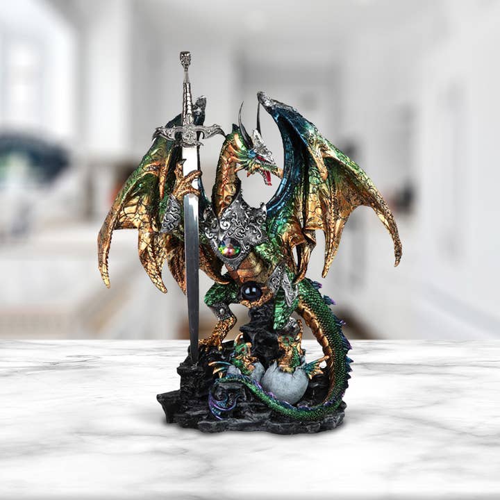 FC Design - Wholesale Decorative Figurine - 15.5"H Green Dragon with Sword Figurine Home Decor Gifts
