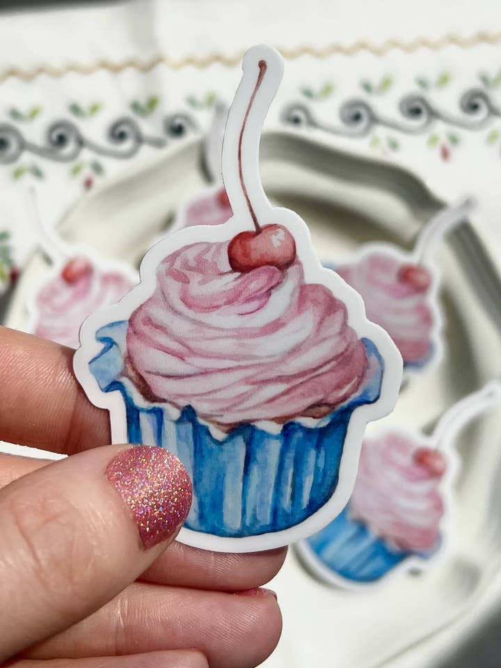 Cherry Cupcake Sticker for wholesale by Emilia Rose Artwork LLC