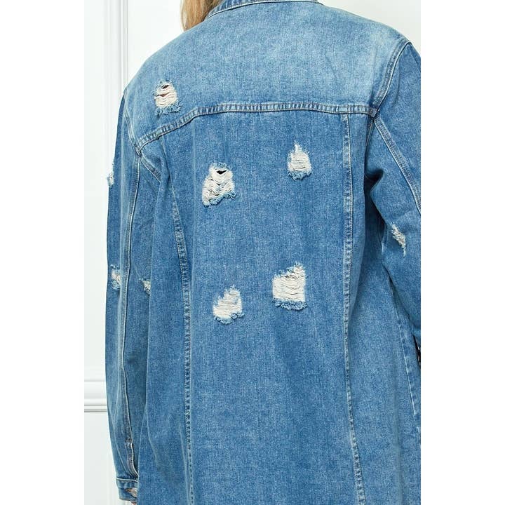 Lavage moyen Veste longue en jean vieilli de grande taille en vente sur Faire