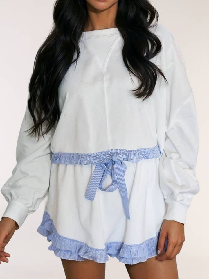Striped Ruffle Hem Long Sleeve Pullover and Shorts Set for wholesale by LA Society