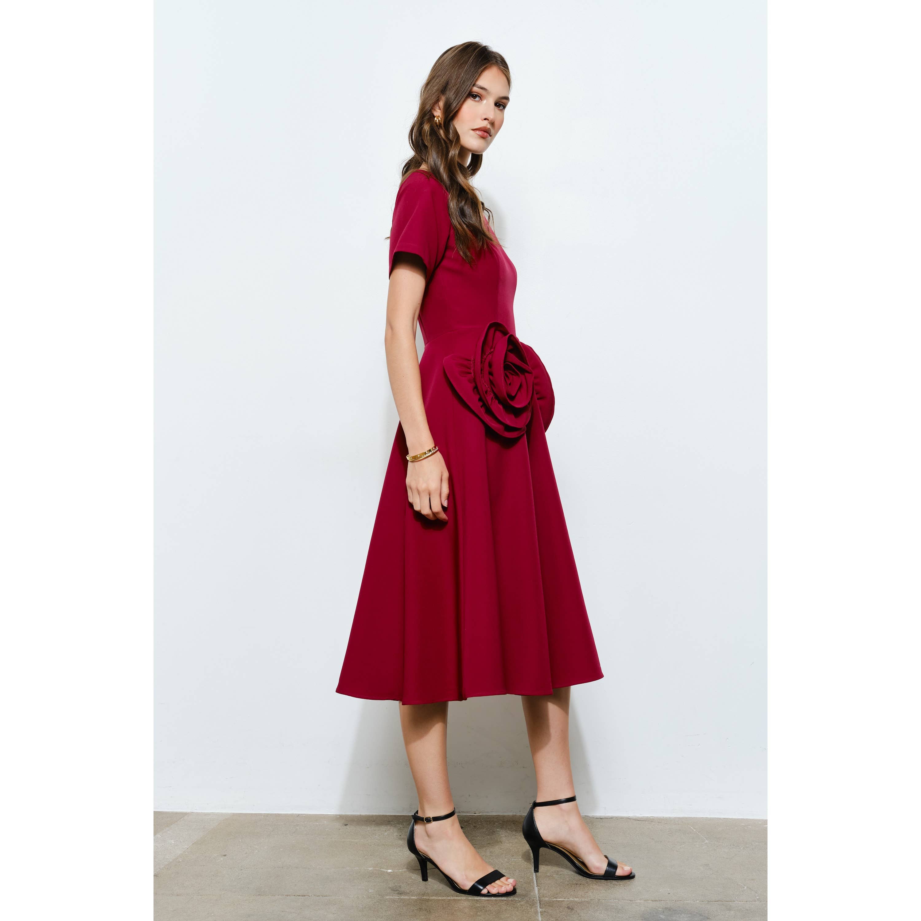 INA - Wholesale Dress - Women's - Elegant Rose Applique A-Line Midi Dress7