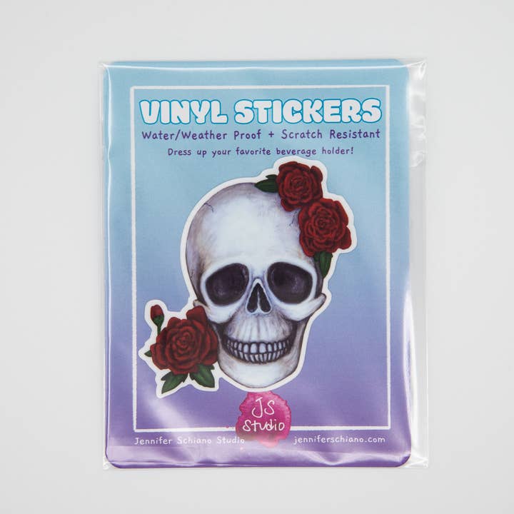 Skull & Roses Vinyl Sticker for wholesale by Jennifer Schiano Studio