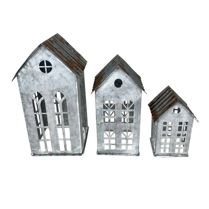 Zeckos - Vendita all'ingrosso Portacandele - Rustic Charm, set di 3 lanterne da casa in metallo invecchiato