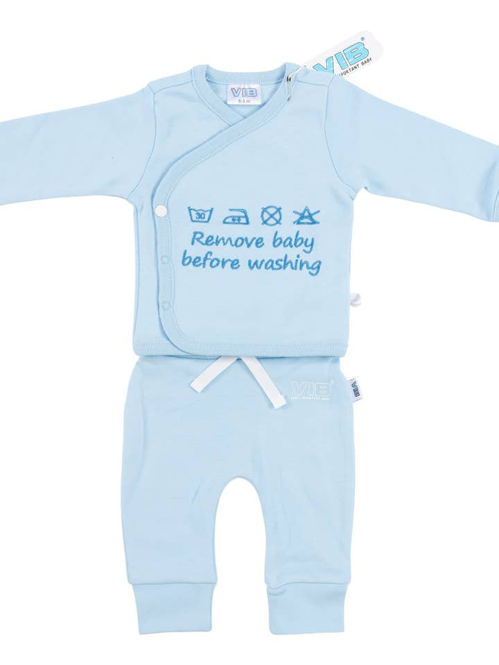 2-Piece Set Blue 'Remove Baby Before Washing' for wholesale by Very Important Baby®