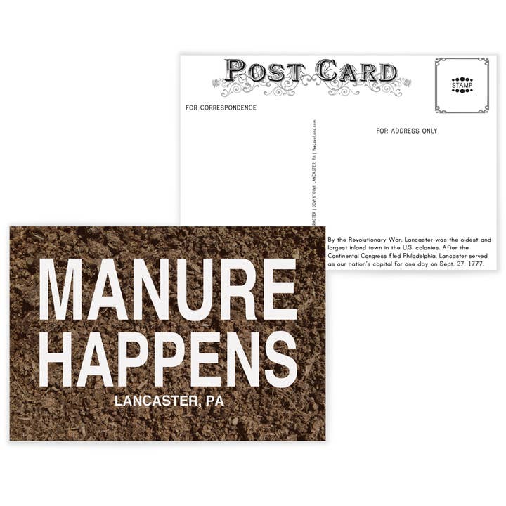 Tarjeta postal «Manure Happens» de Lancaster, PA para venta al por mayor de Lucky Mfg. Co.
