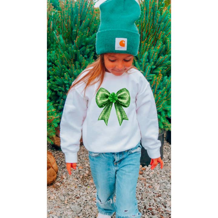 YOUTH Faux Glitter Coquette Bow Sweatshirt St Patrick’s Day for wholesale by Gia Gifts Boutique