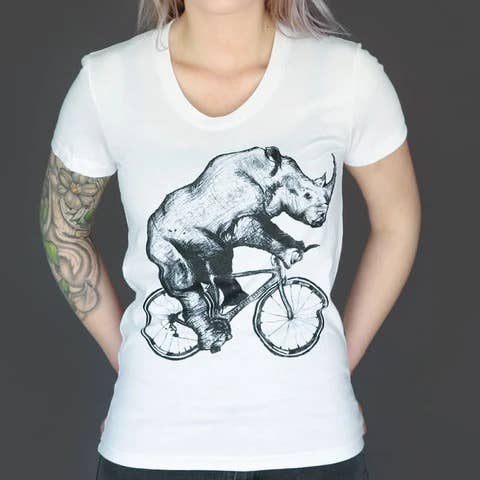 Dark Cycle Clothing - Wholesale Screen Printed T-Shirt - Women's - Rhino on a Bicycle Women's Tee0
