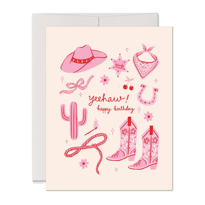 YeeHaw Happy Birthday Greeting Card Pink Cowgirl Card for wholesale by Three Strands Design