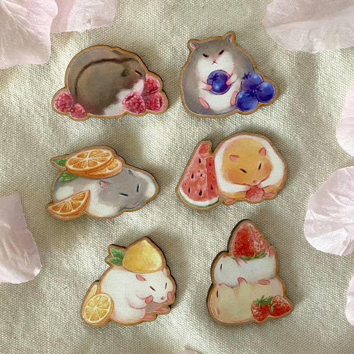 Fruits Jambons - Épingles en bois Hamster Kawaii pour la vente par Cindy Tran Art