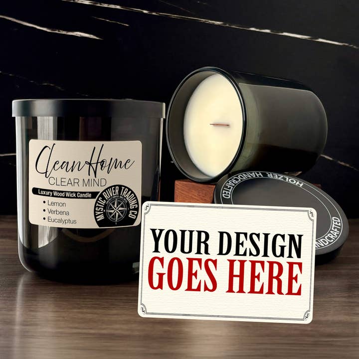 Custom Label | Wood Wick Candle | Coconut Soy Wax | 12 oz Glass Vessel with Lid | Customized Label | Private Label | Co-branded | Handmade for wholesale by Holzer Handcrafted ®