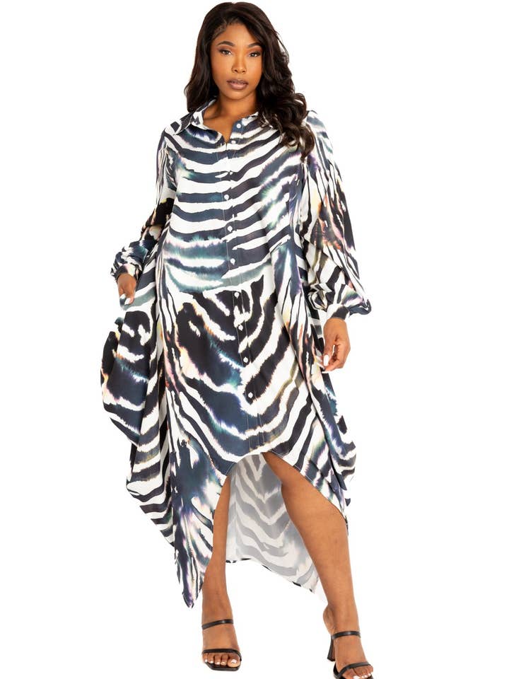 ZEBRA PRINT DRAPY SHIRT MAXI DRESS for wholesale by J2 FASHION