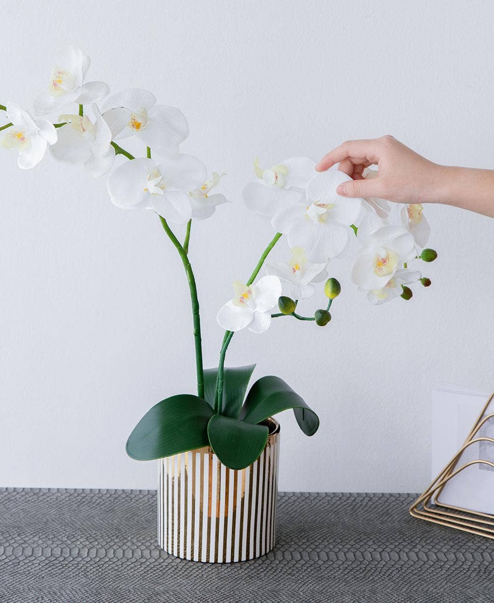 A&B Home Group Inc. – wholesale Artificial flowers – 9.5x6x20.5"H Artificial White Orchid in Gold Striped Pot2