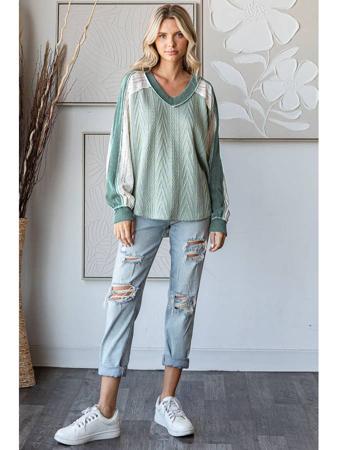 7th Ray - Wholesale Knit Top - Women's - Cable Knit Color Block V Neck Long Sleeve Top T5694