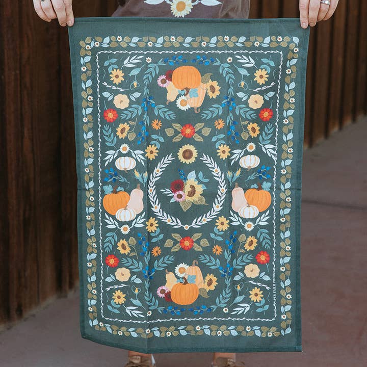 Paper Farm Press - Wholesale Tea Towel - Pumpkin Folk Floral Fall Tea Towel1