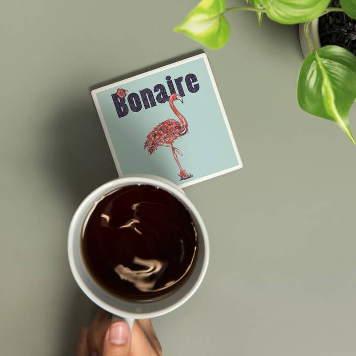 Lantern Press - Wholesale Coasters - Ceramic Coaster Bonaire, Dutch Caribbean, Flamingo, Flowe…1