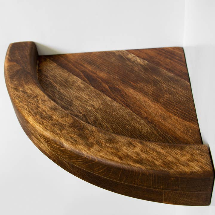 Corner rounded shelf with edging and hole in back for cords for wholesale by Beaverhut