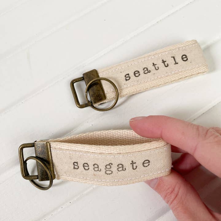 Seagate Studio - Wholesale Keychain - Unisex - Custom Town Name Navy and Red Ticking Canvas Key Fobs1