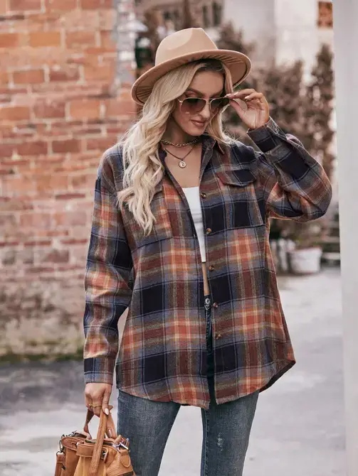Lovesoft - Wholesale Button Down Shirt - Women's - Coffee Casual Fashion Oversized Loose Plaid Shirt8