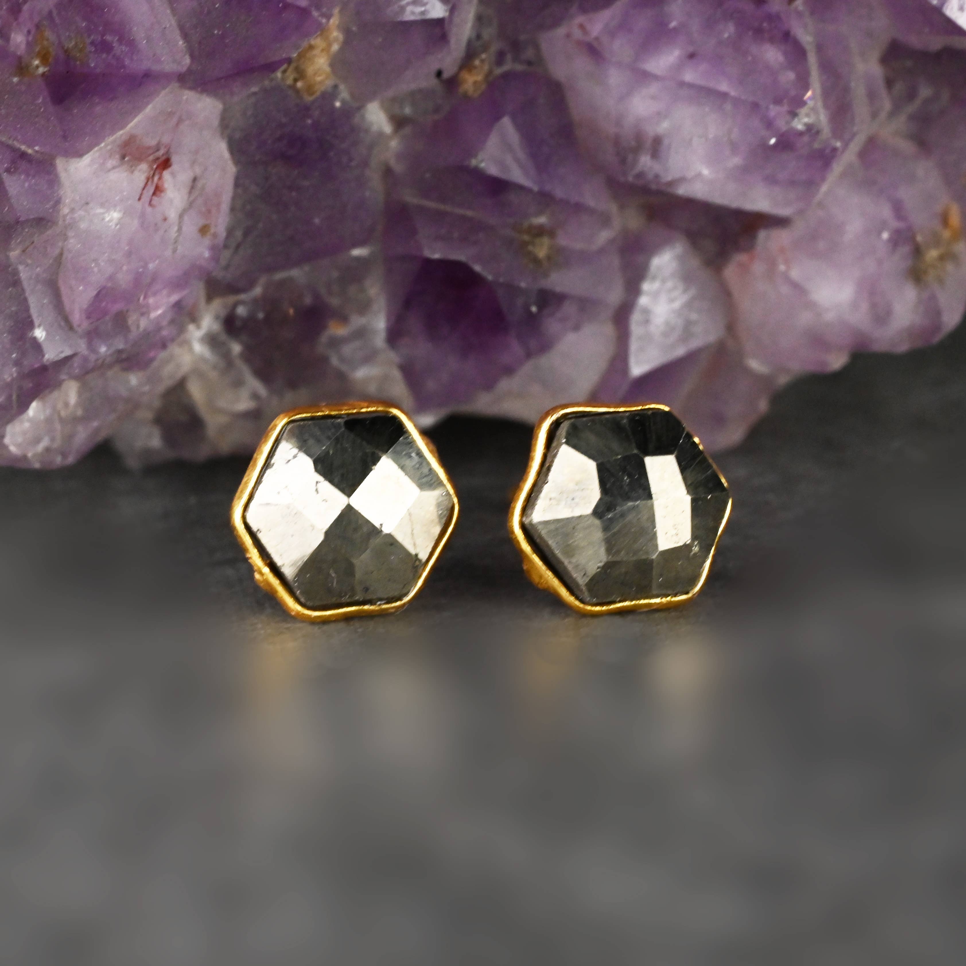 KBD Studio - Wholesale Stud/Post Earrings - Semi Precious Hexagon Gemstone Studs (8mm gold)9