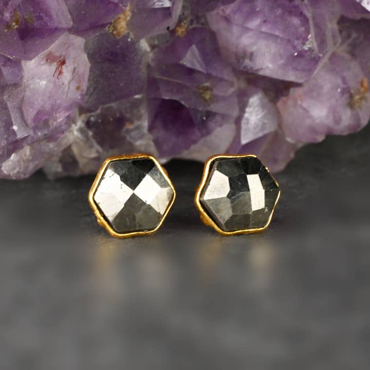 KBD Studio - Wholesale Stud/Post Earrings - Semi Precious Hexagon Gemstone Studs (8mm gold)9