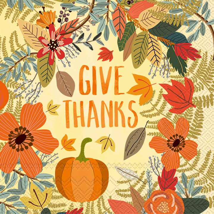 Boston International - Wholesale Disposable Napkin - Paper Cocktail Napkins Pack of 20 Give Thanks Floral Fall