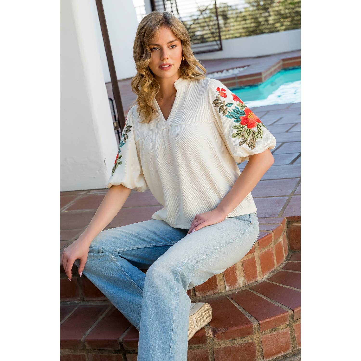 CRÈME Top à manches bouffantes brodé en vente sur Faire7