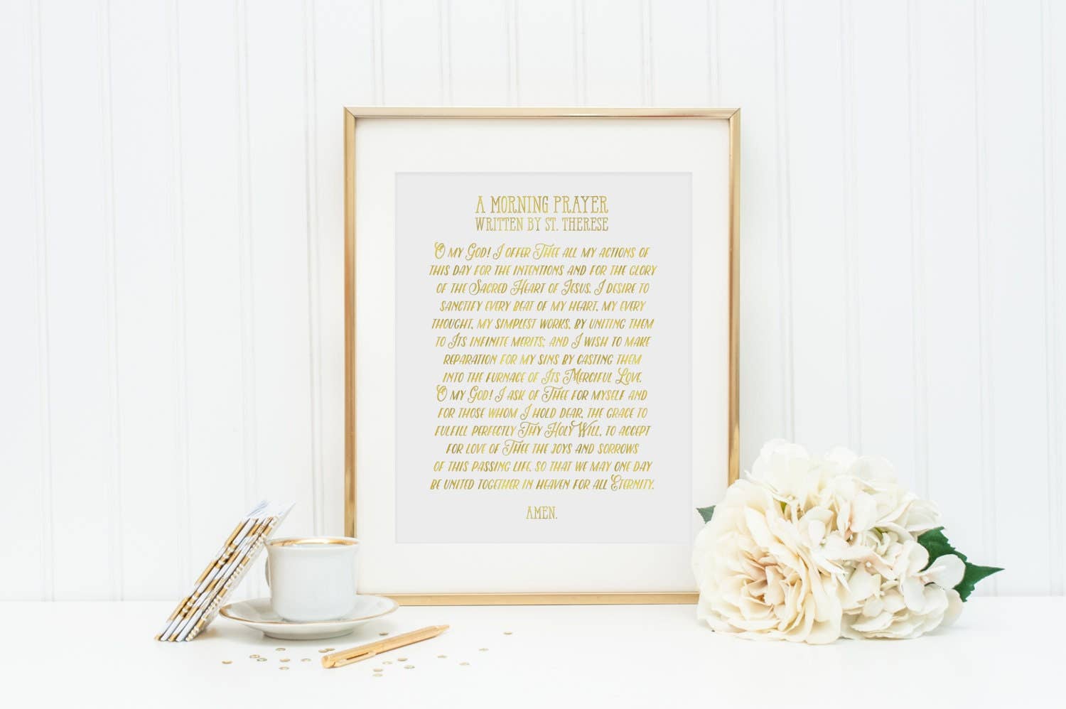 Meyer Market Designs - Wholesale Art Print - St. Therese of Lisieux Morning Prayer Print. Christian Wall Art Print. Metallic Prayer. A morning prayer written by St. Therese.