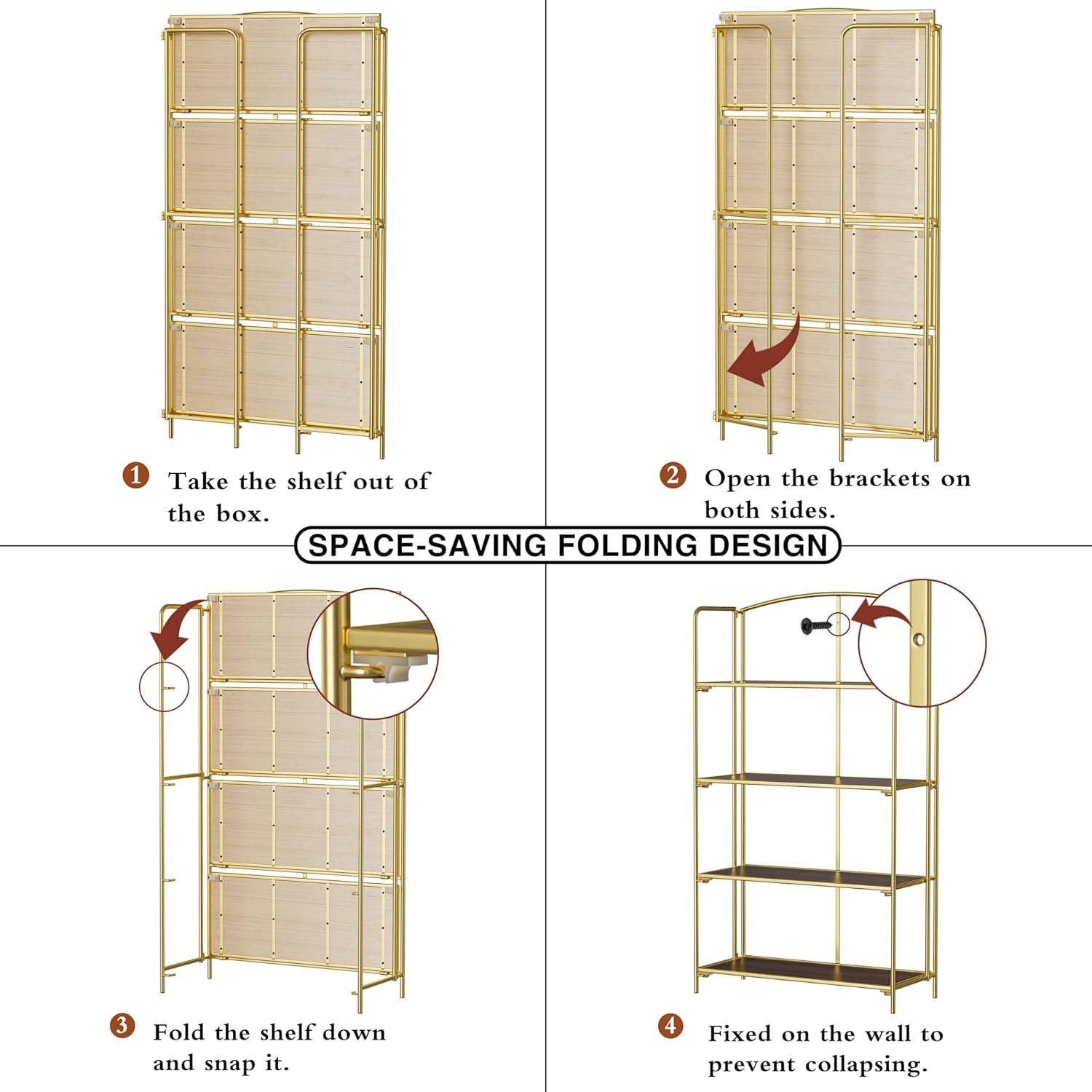 No Assembly Foldable Bookshelf 4 Tier Gold Bookcase for wholesale on Faire4