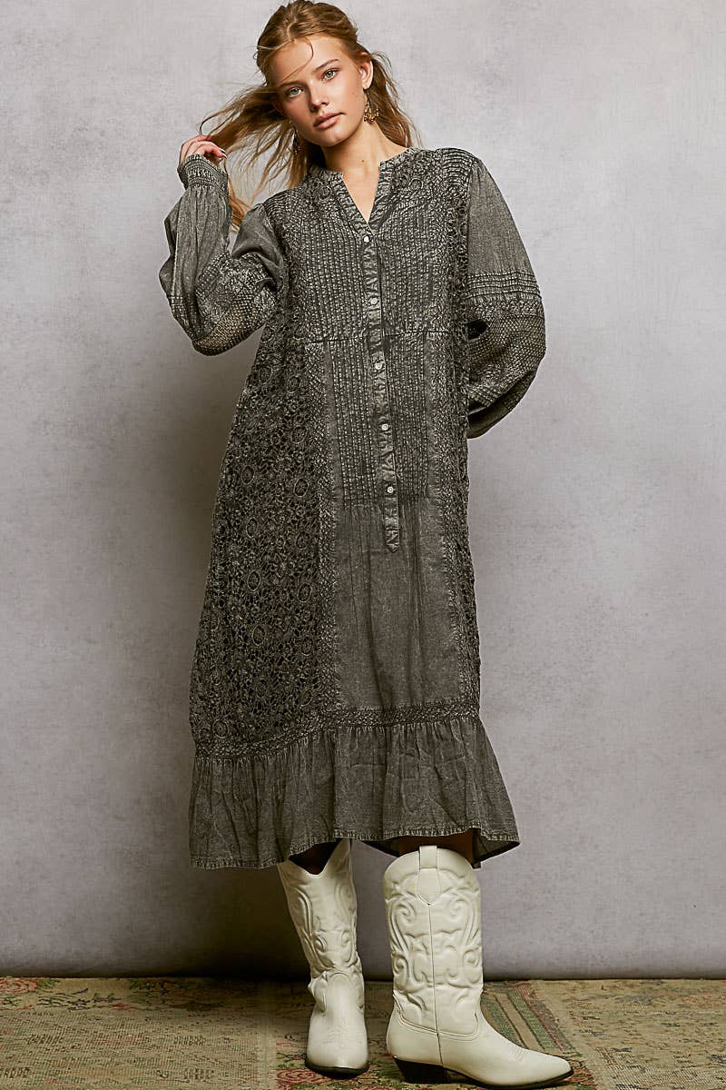 Pol Clothing - Wholesale Dress - Women's - Vintage Pintuck Ruffle Washed Boho Dress1