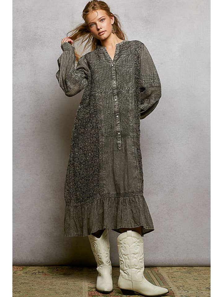 Pol Clothing - Wholesale Dress - Women's - Vintage Pintuck Ruffle Washed Boho Dress1