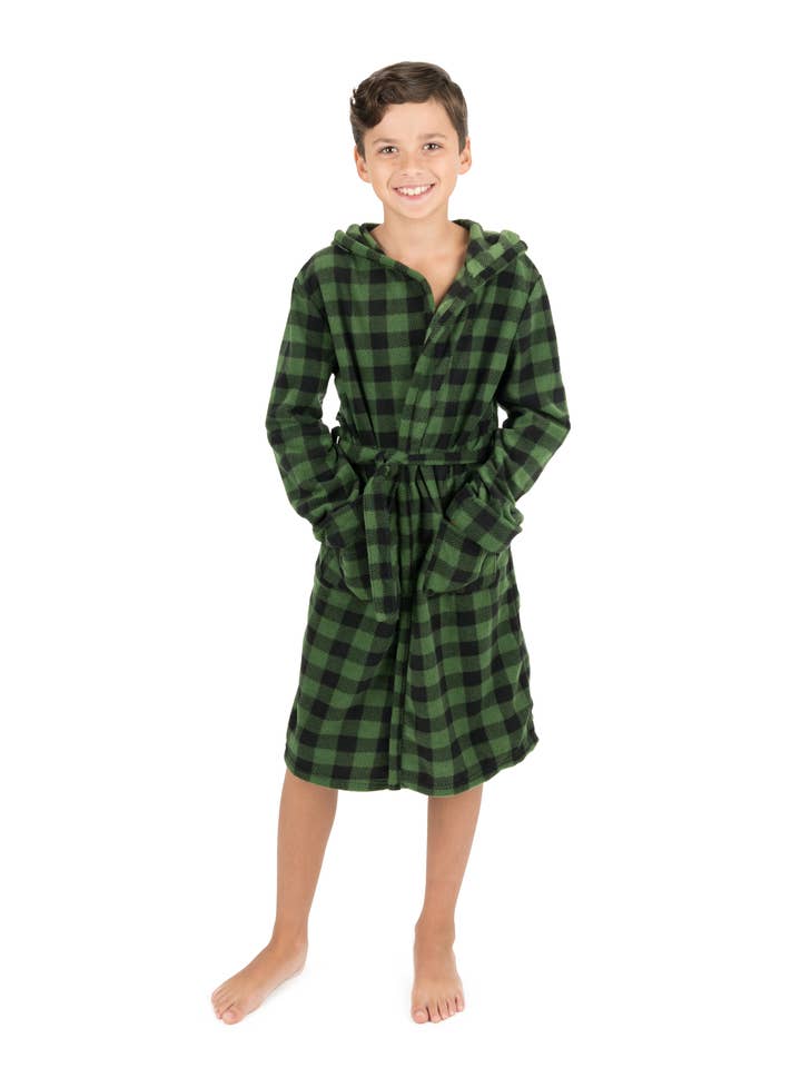 Leveret Pajamas - Wholesale Robe - Kids - Kids Fleece Hooded Robe Black & Green Plaid for Christmas0