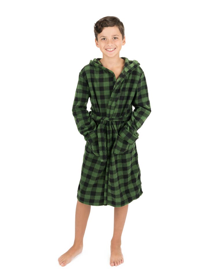 Kids Fleece Hooded Robe Black & Green Plaid for Christmas for wholesale by Leveret Pajamas