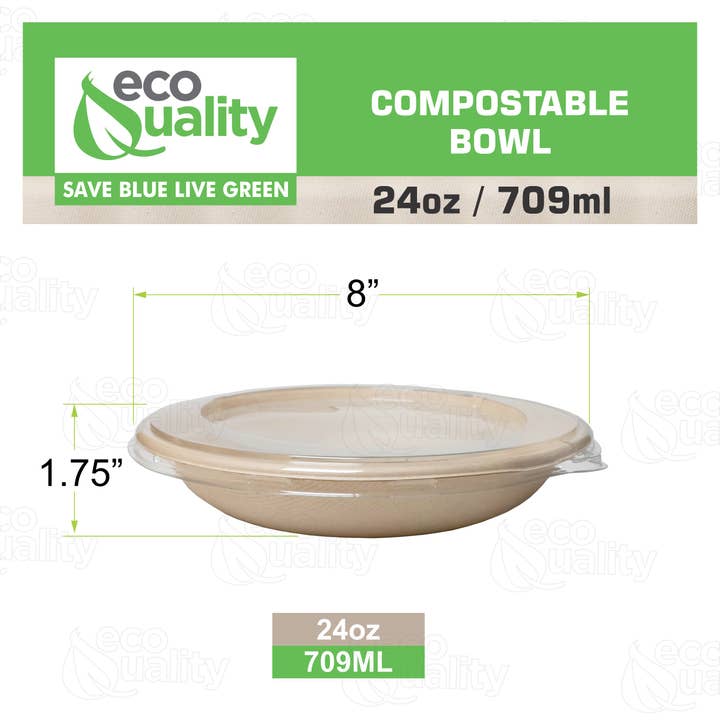 EcoQuality - Wholesale Disposable Plate - 24Oz Compostable Heavy Duty Disposable Bowls with Lids