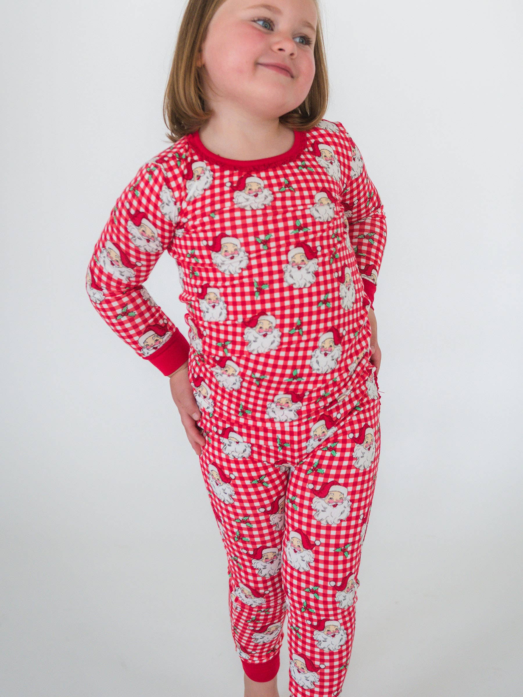 SoftSnooze™ Toddler Girls Bamboo Viscose Red Dear Santa Ruffle Long Sleeve Pajama Set with Signature Rear Ruffles for wholesale on Faire8