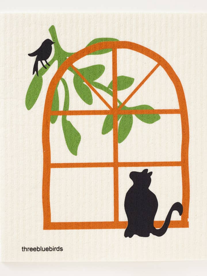 Strofinaccio svedese gatto in finestra per la vendita all'ingrosso da parte di Three Bluebirds Swedish Dishcloths